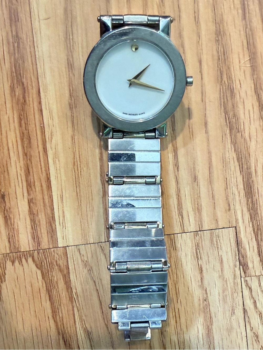 Movado Silver Museum Watch with Gold Hands and Dot/Needs battery, untested
